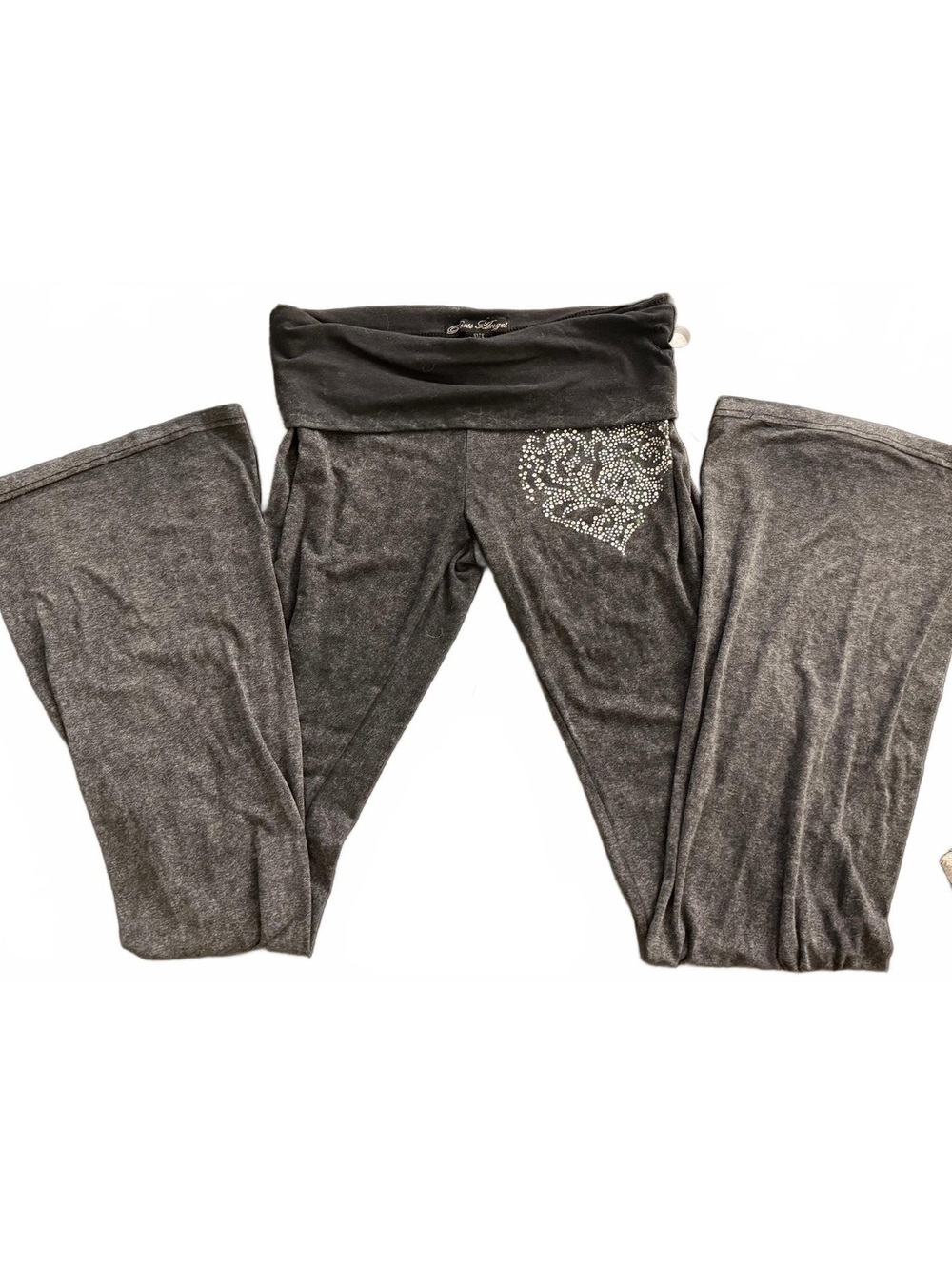 Paris Angel Y2K Foldover Flare Yoga Pants Rhinestone Heart LOVE Waist Size M
